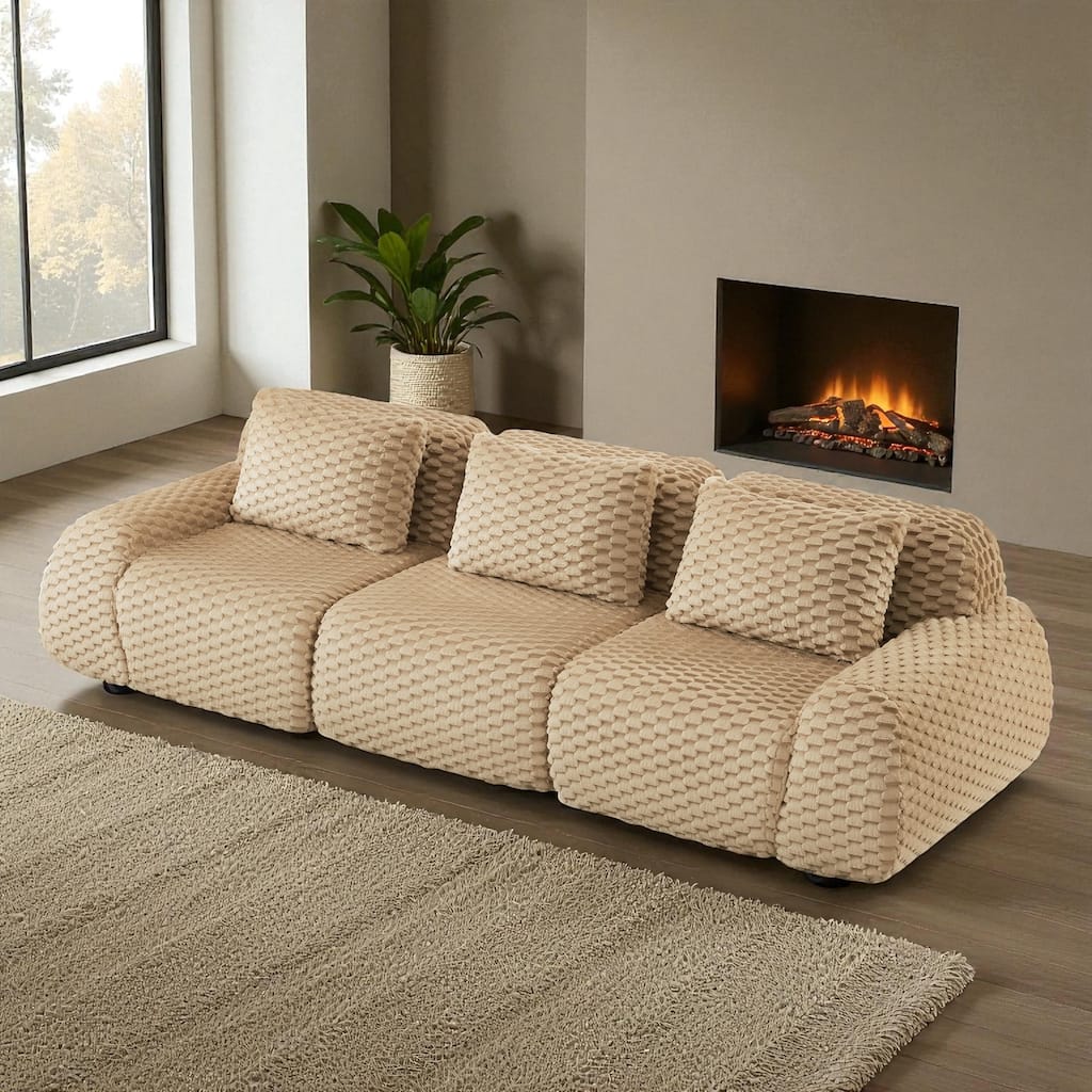 114" Modern Modular Flannelette Sectional Sofa, Oversized 3-Seater Deep Seat Boneless Couch with Buckle Connection