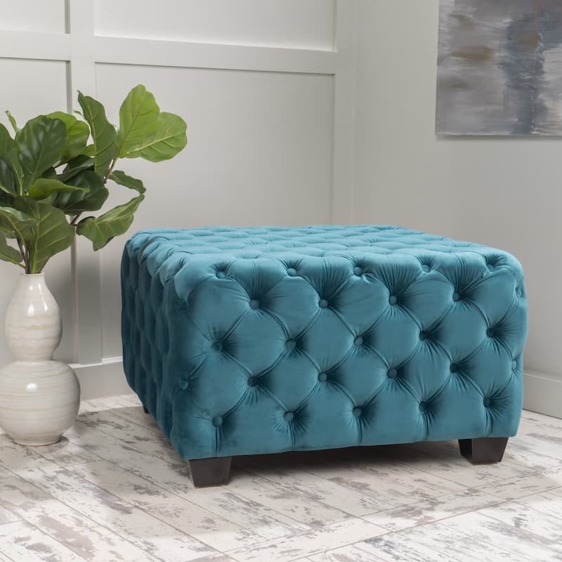 Velvet Ottoman - Teal Button-Tufted Diamond Stitch, 29" Square Modern Glam Footstool with Polyester Upholstery - Teal