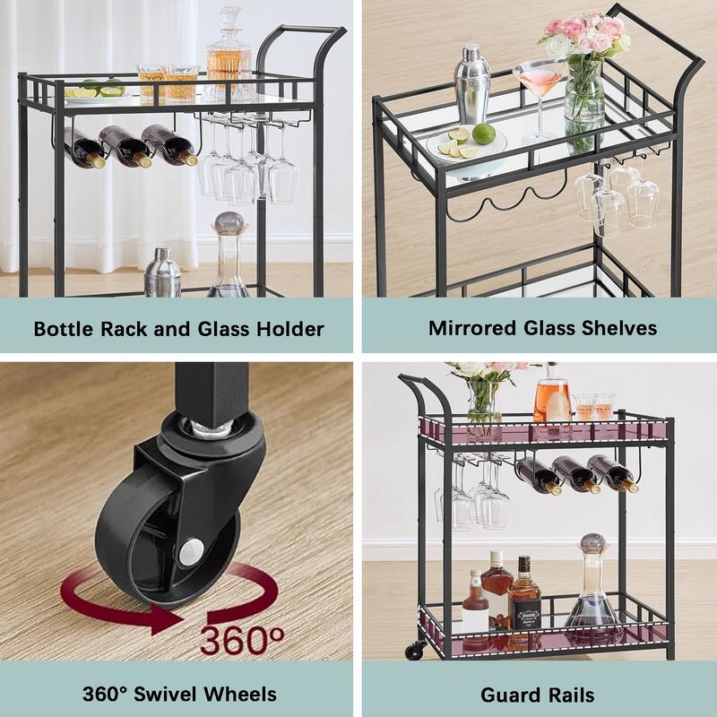 Home Bar Cart with 2 Mirrored Shelves, Wine Holders, and Glass Holders