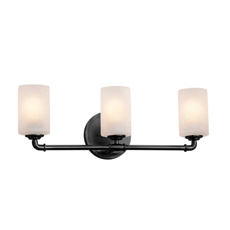 Justice Design Fusion Bronx 3-light Matte Black Bath Bar, Frosted Crackle Cylinder w/ Flat Rim Shade