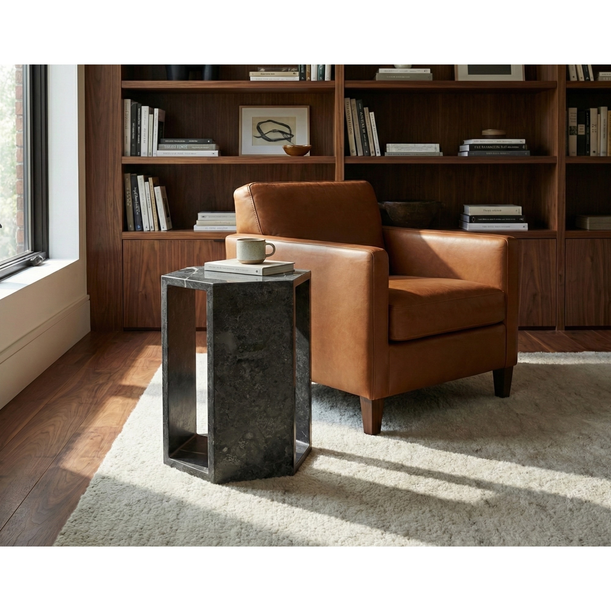 Roomfitters Luxury Natural Marble Hexagon Side Table, Solid Stone Geometric Pedestal End Table, Polished Finish