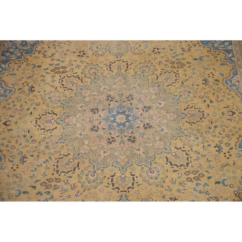 Hand Knotted Oriental 100% Wool Carpet Traditional Floral Yellow & Gold Mashad Area Rug - 12' 6'' X 9' 7''