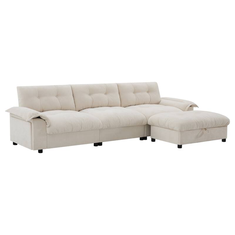 Chenille Tufted L-Shape Sectional Sofa with Storage Ottoman, Pockets and All-in-one Armrest with Dual-Port Charging, Cup Holder