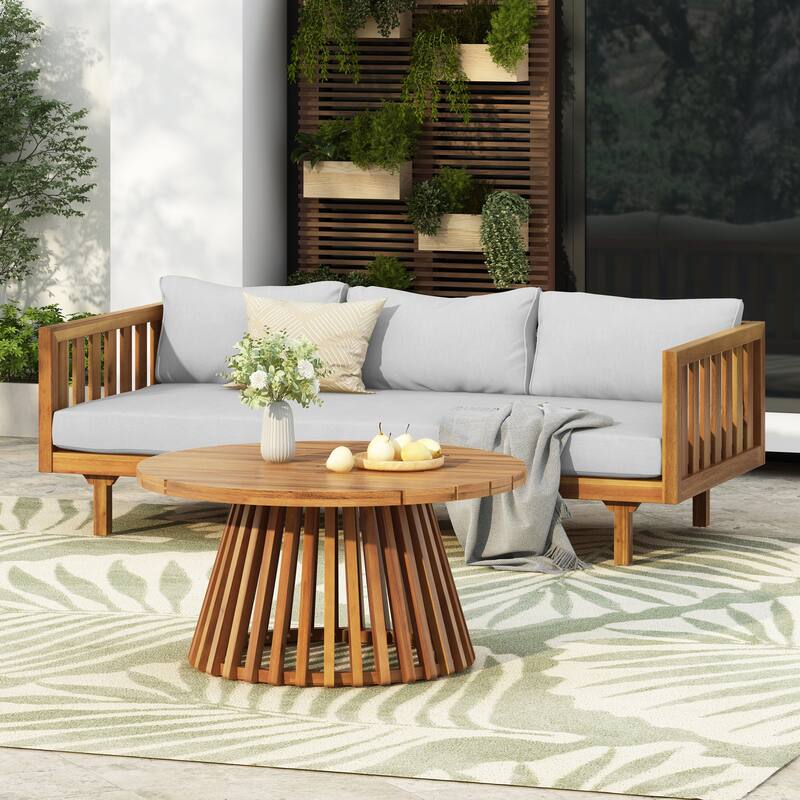 Roomfitters Acacia Wood Patio Set, 3-Seater Daybed with Water-Resistant Cushions & Round Coffee Table