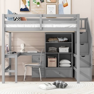 Full Size Wood Loft Bed with L-Shaped Desk and Drawers, Space Saving Design Wood Bed Frame with Cabinet and Storage Staircase
