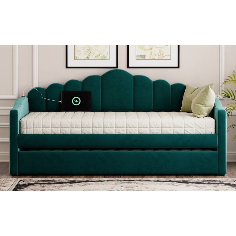 Twin Size Velvet Upholstered Daybed Vertical Stripes Backrest Sofa Bed with Trundle Bed, 2 USB Charging Ports, 2 Large Pockets