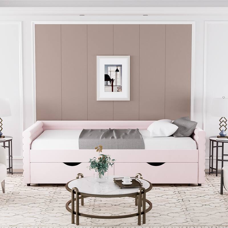 Ouyessir Modern Upholstered Tufted Daybed with Trundle & Drawers