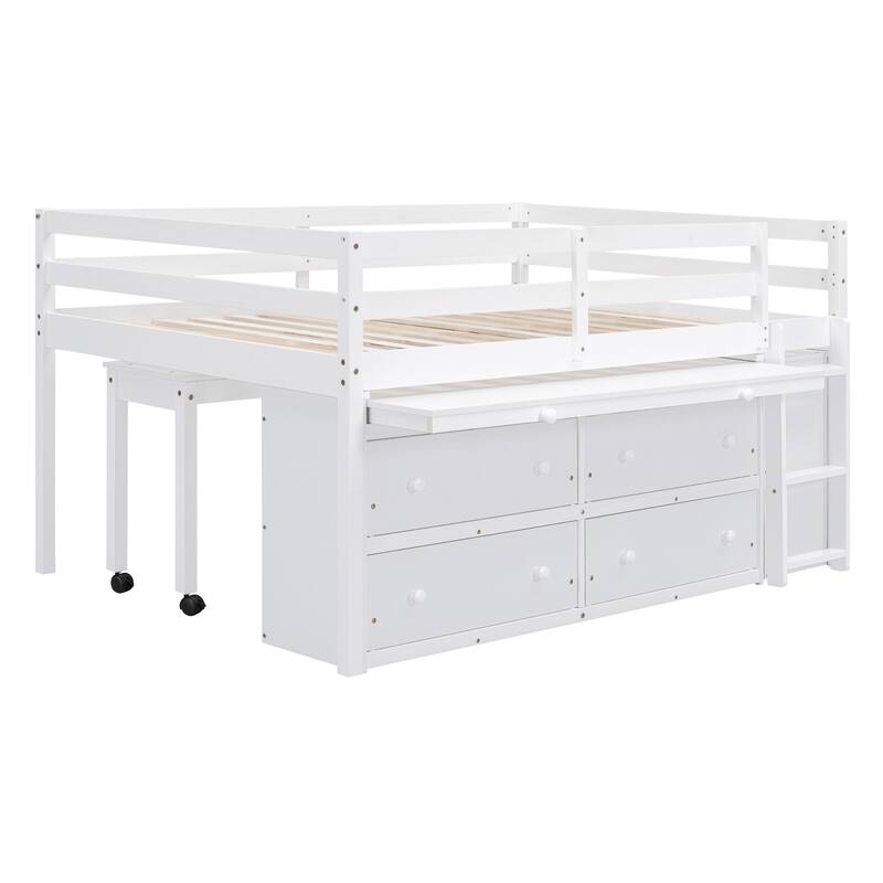 White Full Size Solid Wood Loft Bed with Retractable Desk & Drawers