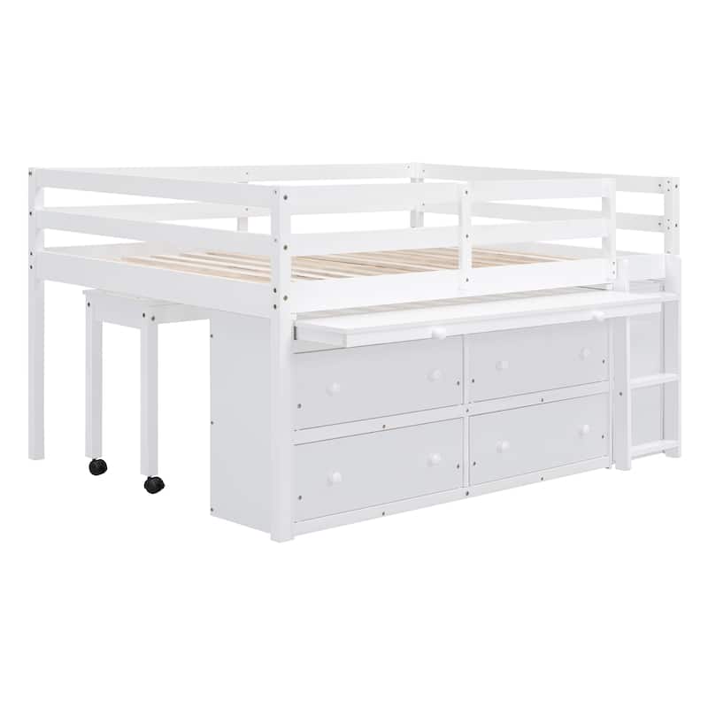 White Full Size Solid Wood Loft Bed with Retractable Writing Desk and 4 Drawers, Lateral Portable Desk and Shelves