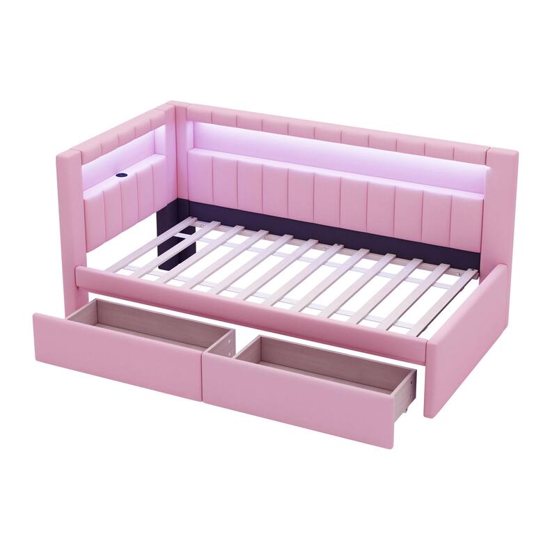 Twin Size Platform Bed with USB Ports, LED Lighting, and 2 Drawers in Pink