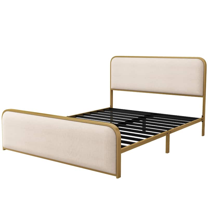 Linen Upholstered Bed Metal Platform Bed Frame with Storage Underneath, Safety Rounded Corners Design Headboard and Footboard