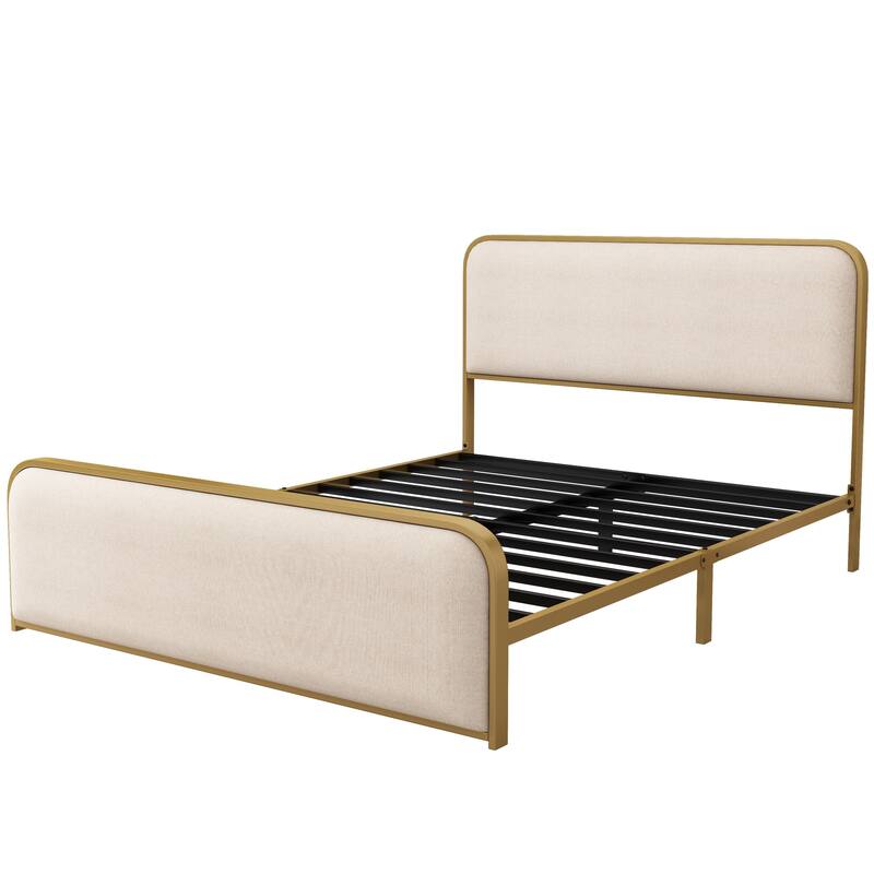 Roomfitters Queen Size Modern Upholstered Platform Bed Frame with Gold Metal Trim, Curved Headboard, No Box Spring, Beige+Gold
