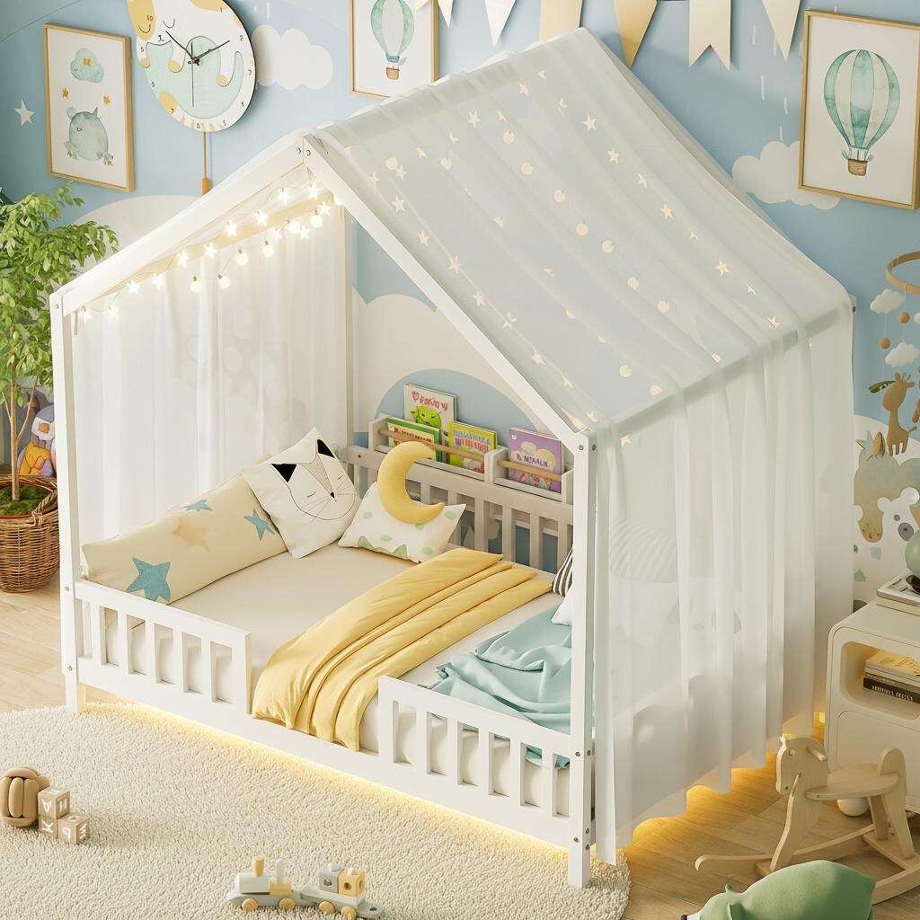 Whimsical Montessori-Inspired Floor Bed with Canopy & Full Safety Rails by Harper&Bright Designs