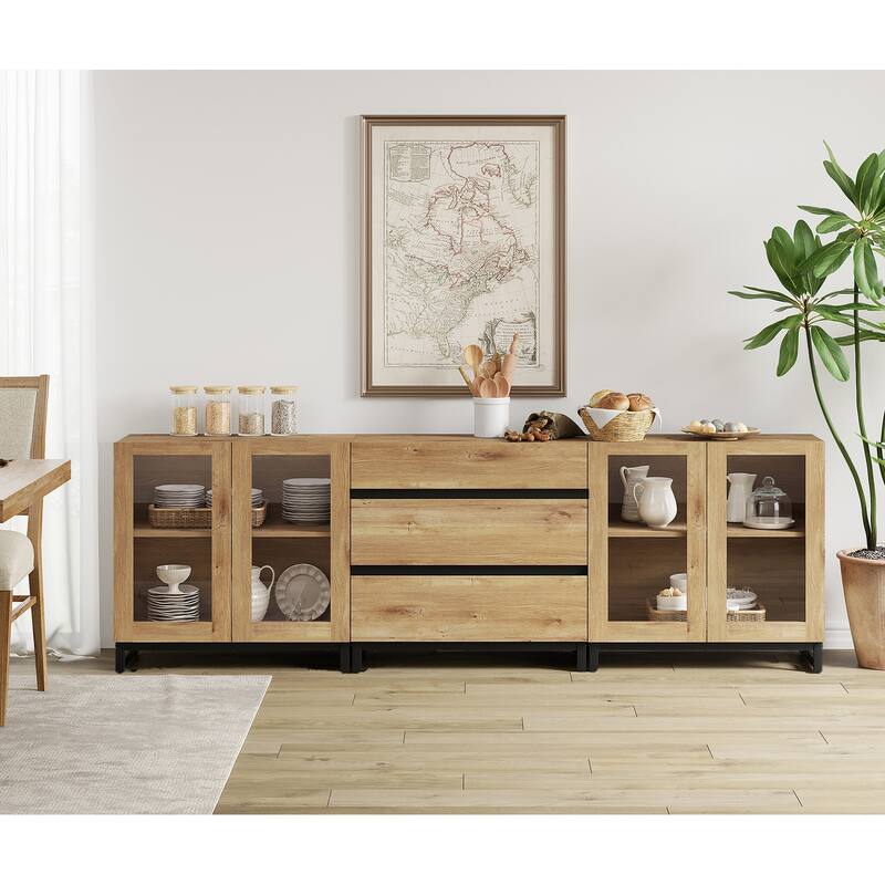 WAMPAT 3 in 1 Modern Sideboard with Glass Doors and 3 Drawers, Coffee Bar Cabinet for Kitchen