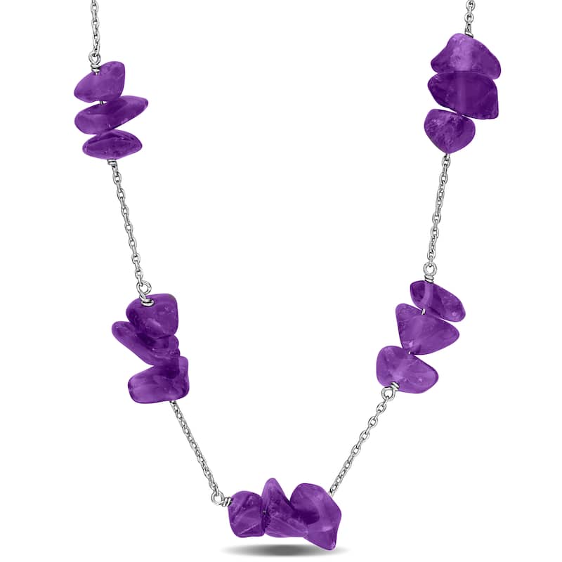 Miadora 22 1/2ct TGW Amethyst Bead Chip Curb Chain Station Necklace in Sterling Silver