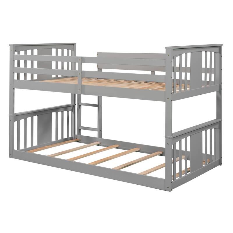 Twin Over Twin Bunk Bed with Ladder, Solid Wood Low Bunkbed Frame