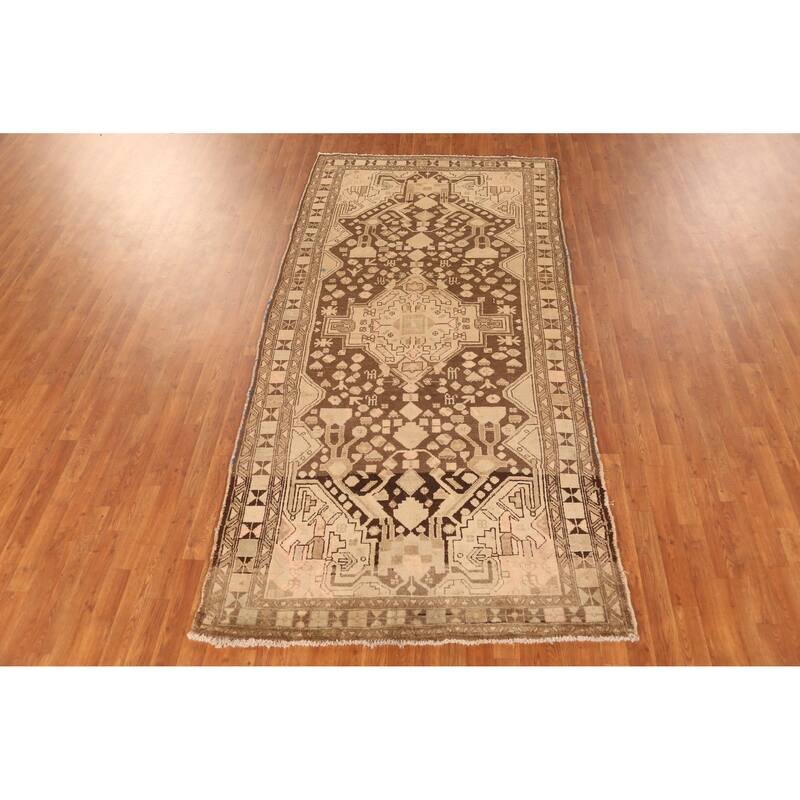 Hand Knotted Oriental 100% Wool Carpet Traditional Tribal Brown Hamedan Runner Rug - 9' 8'' X 4' 0''