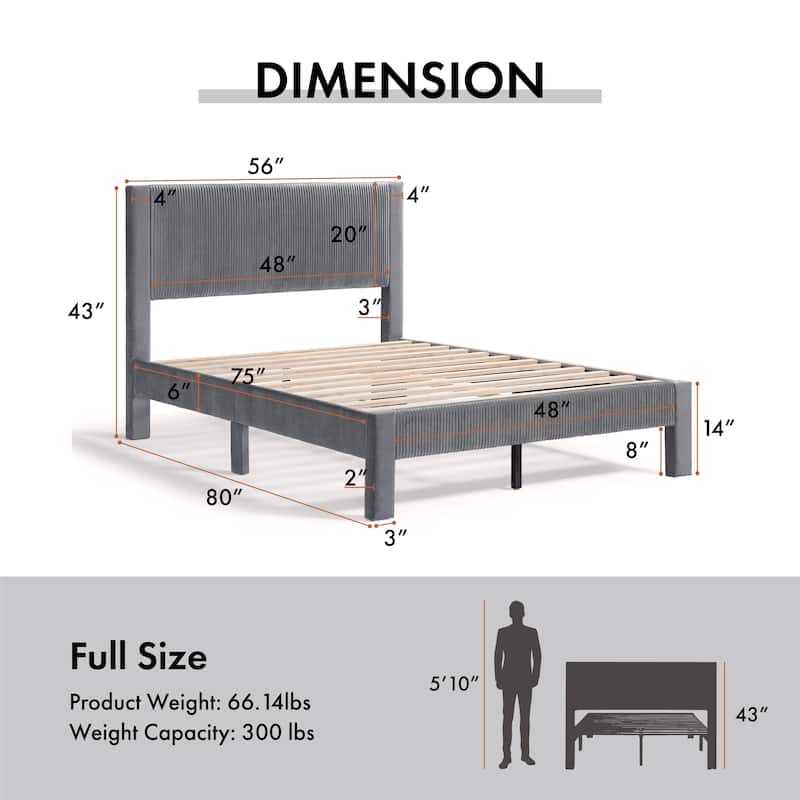 Furniture of America Alyssa Modern Velvet Upholstered Platform Bed with Channel Headboard and Wooden Slats