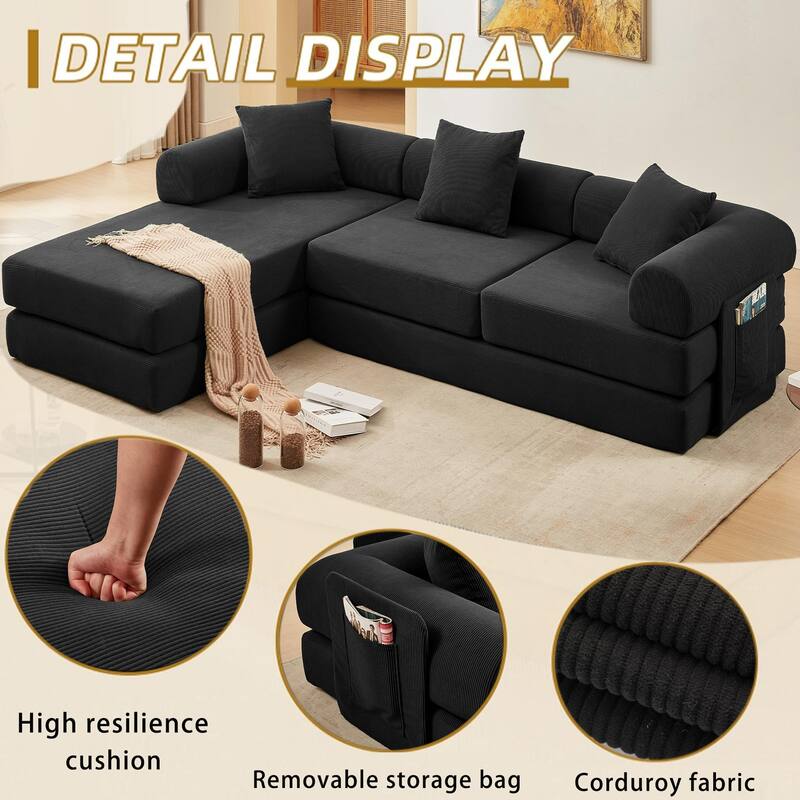 Versatile 7-in-1 Modular Folding Sectional Sofa with Chaise Convertible Corduroy Sleeper Sofa Bed with Removable Storage Bags