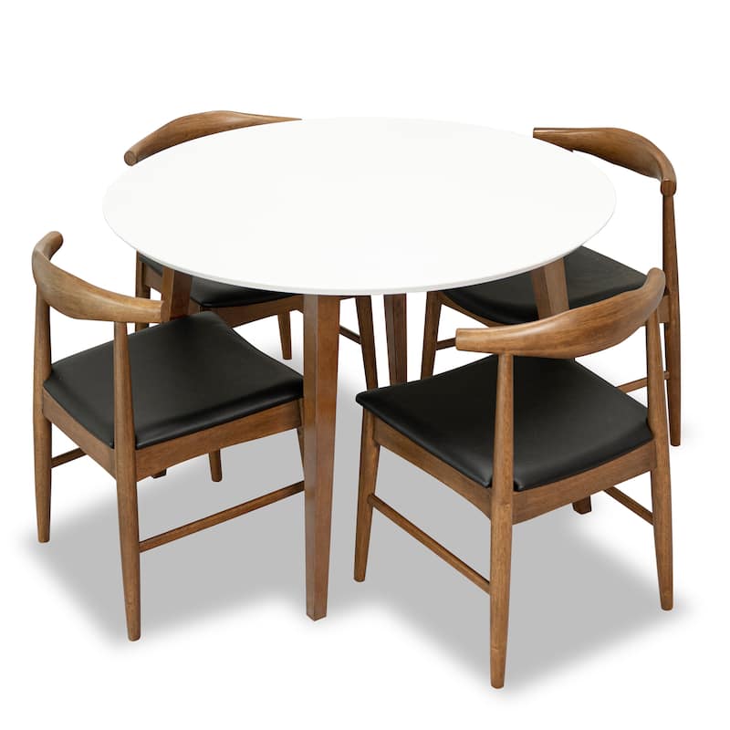 Evangeline 5-Piece Round Dining Set w/ 4 Vegan Leather Dining Chairs in Black