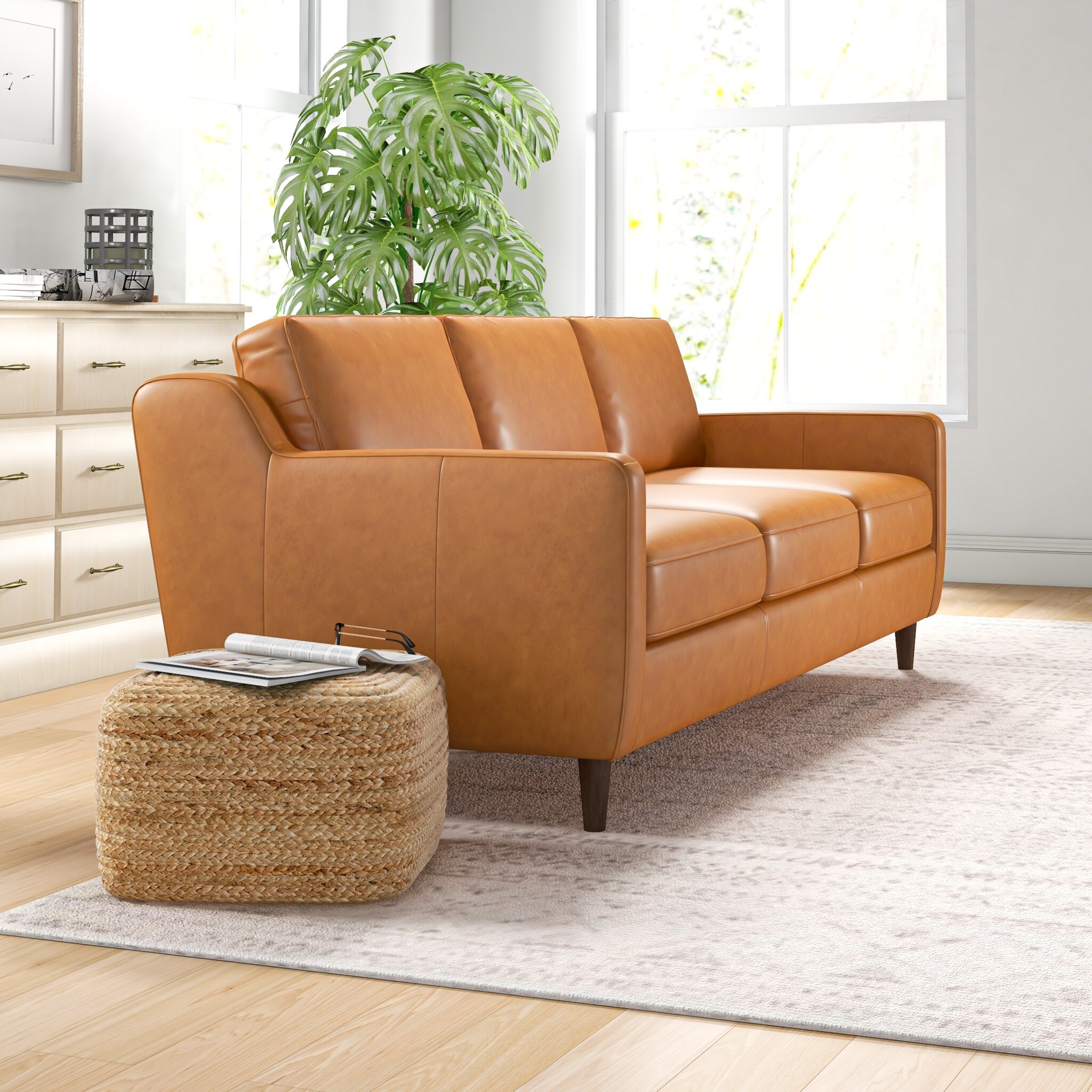 Madeline Mid Century Modern Furniture Genuine Leather Couches in Cognac Tan