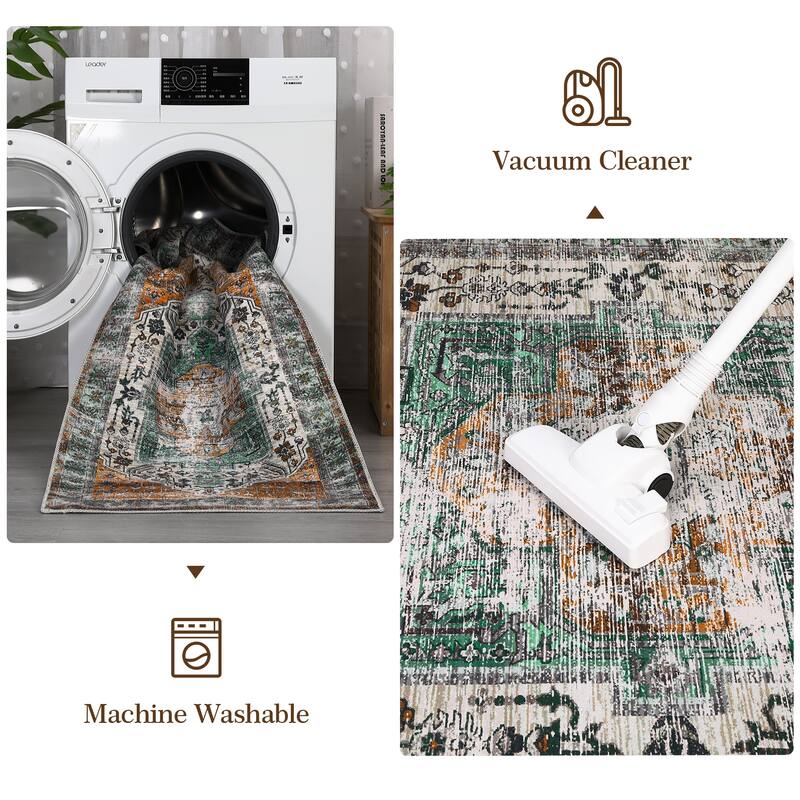 Vintage Medallion Living Room Rug Washable Soft Non-Slip Low Pile Area Rug Indoor Distressed Accent Rug