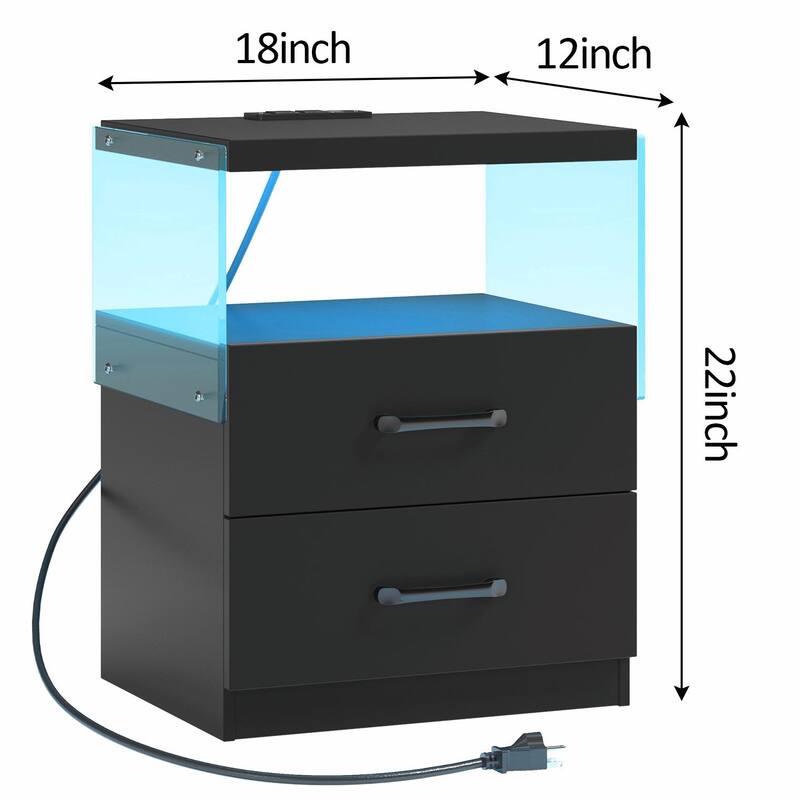 LED Nightstand with Adjustable Colors, 2 Drawers & Power Outlets