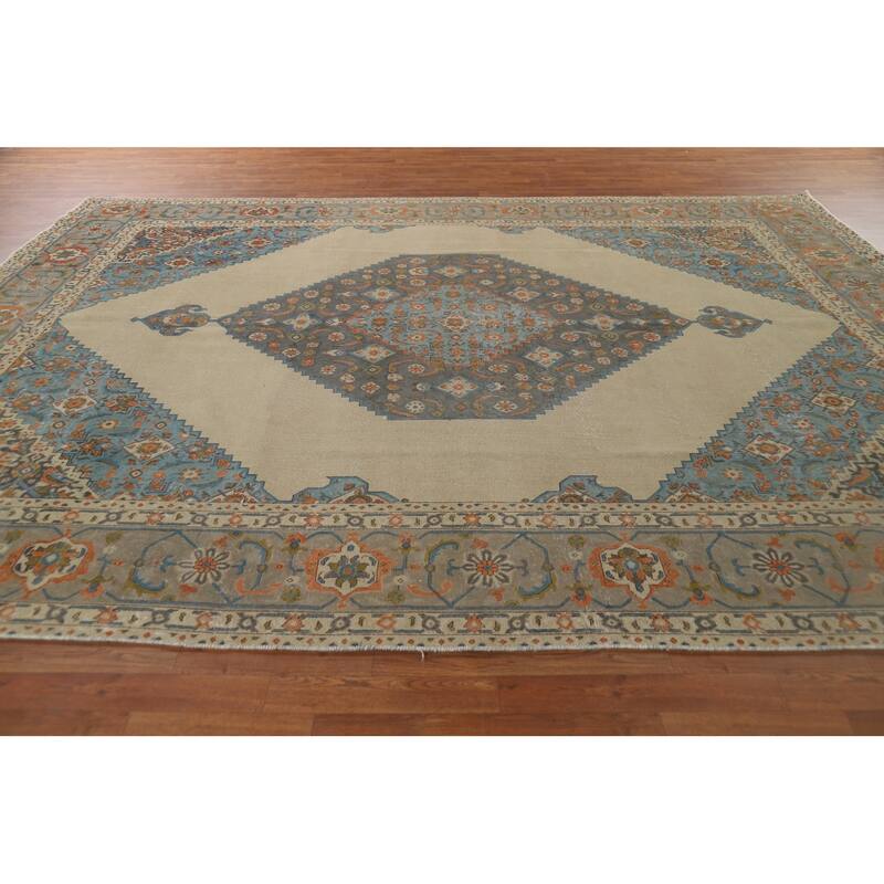 Beige Distressed Tabriz Vintage Persian Rug Handmade Wool Carpet - 9'7" x 12'11"