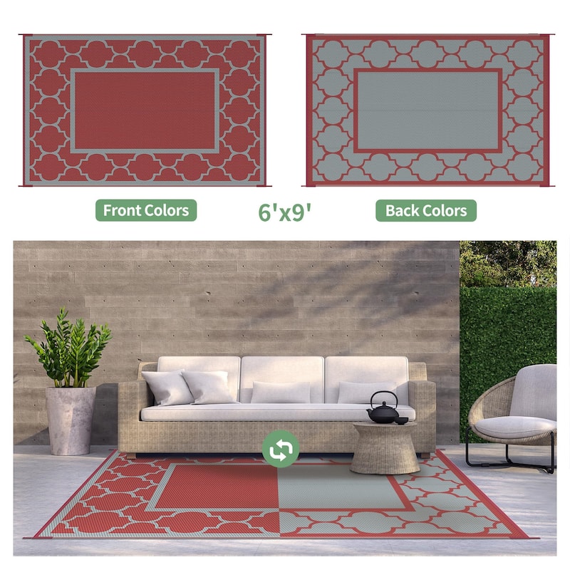 Reversible Dark Geometric Flat-Weave All-Season Outdoor Rug - 6'X9'