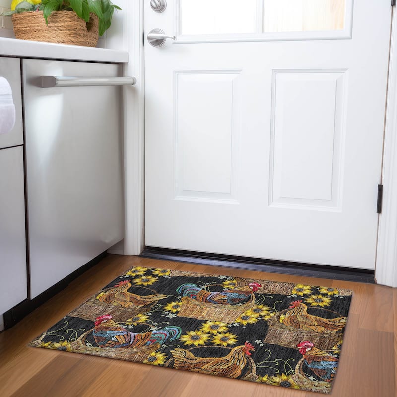 Premium Washable Super Soft Farmhouse Rooster Basket Mayfield Rug - Black - 1' 8" x 2' 6" - Rectangle