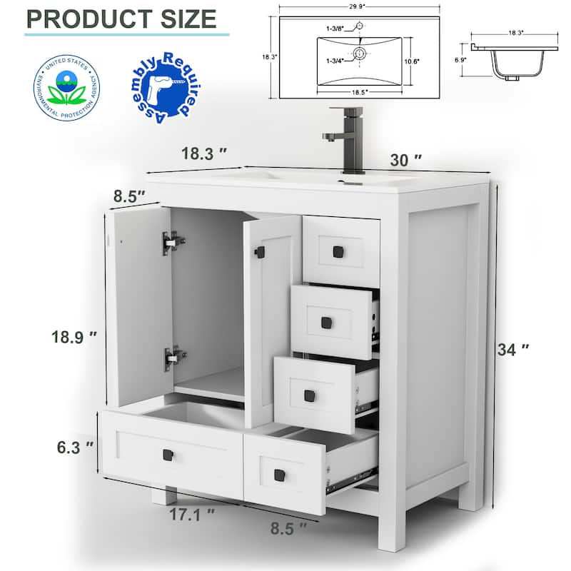 Eclife 30'' Bathroom Vanities Cabinet with Drop in Sink Combo Set