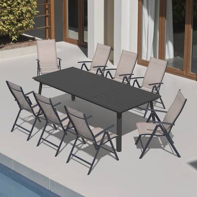 9-Piece Outdoor Dining Set Aluminum Dining Table with Umbrella Hole and Adjustable Folding Chairs