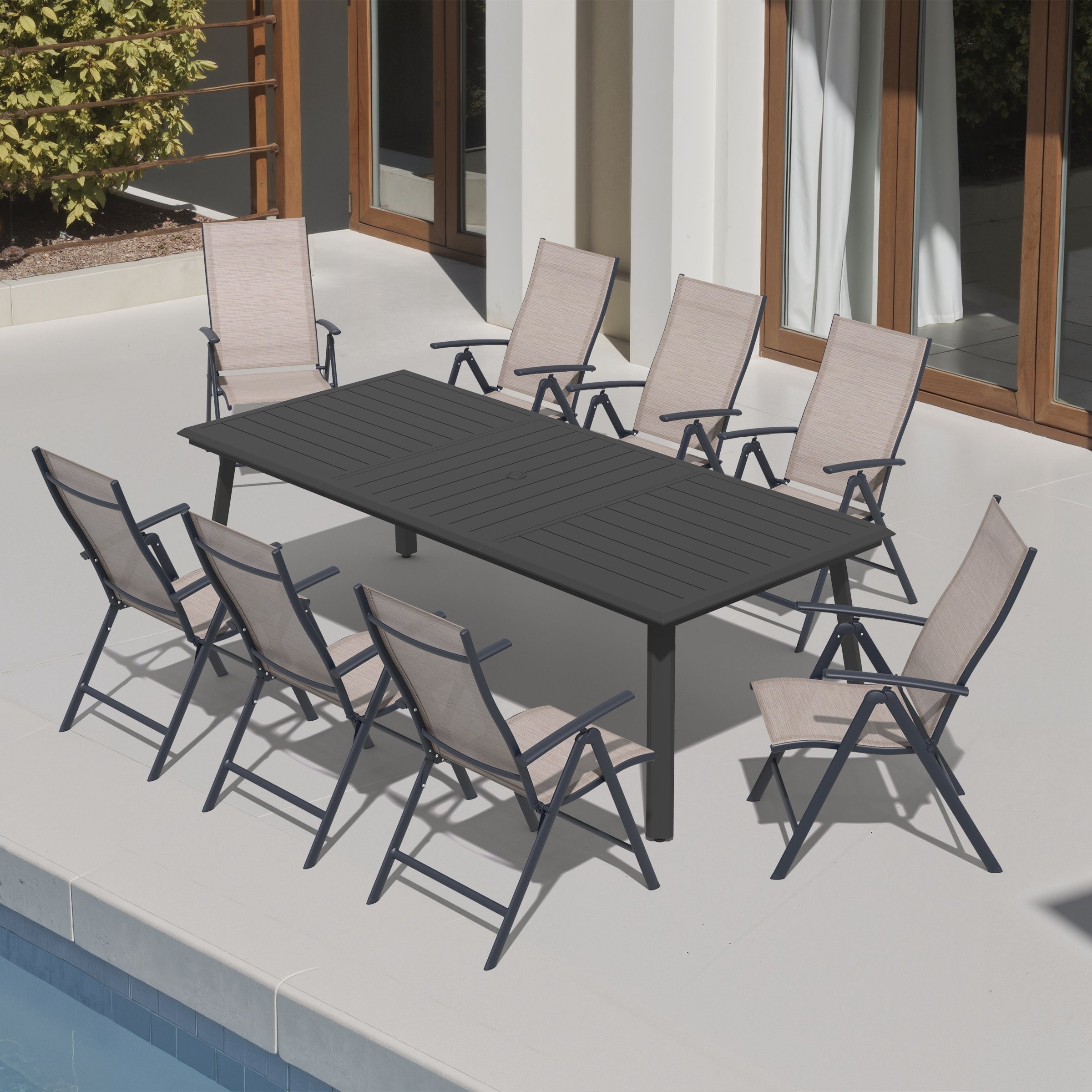 9-Piece Outdoor Dining Set Aluminum Dining Table with Umbrella Hole and Adjustable Folding Chairs