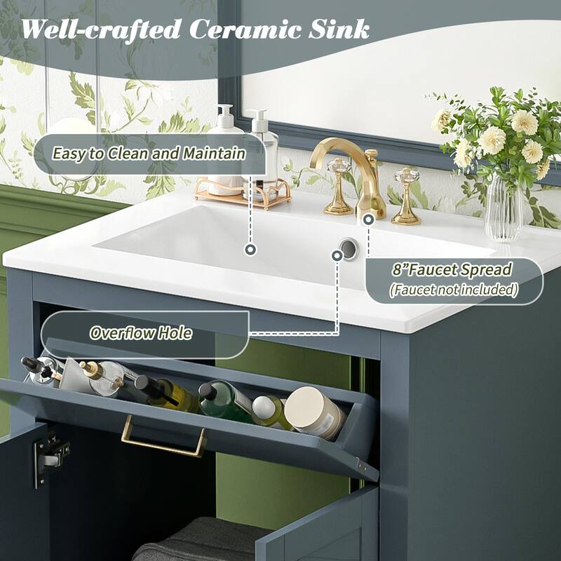 24" Bathroom Vanity with Integrated Ceramic Sink, Cabinet with 2 Doors, 1 Tip-out Drawer