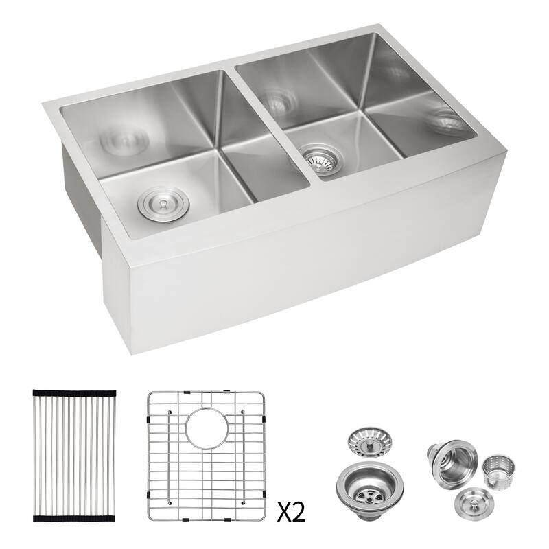 Double Bowl (50/50) Farmhouse Sink - Apron Front Kitchen Sink 16 Gauge with Two 10" Deep Basin