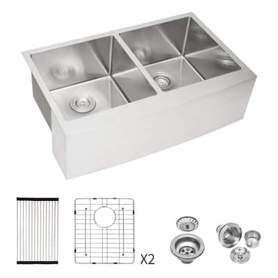 Double Bowl (50/50) Farmhouse Sink - Apron Front Kitchen Sink 16 Gauge with Two 10" Deep Basin