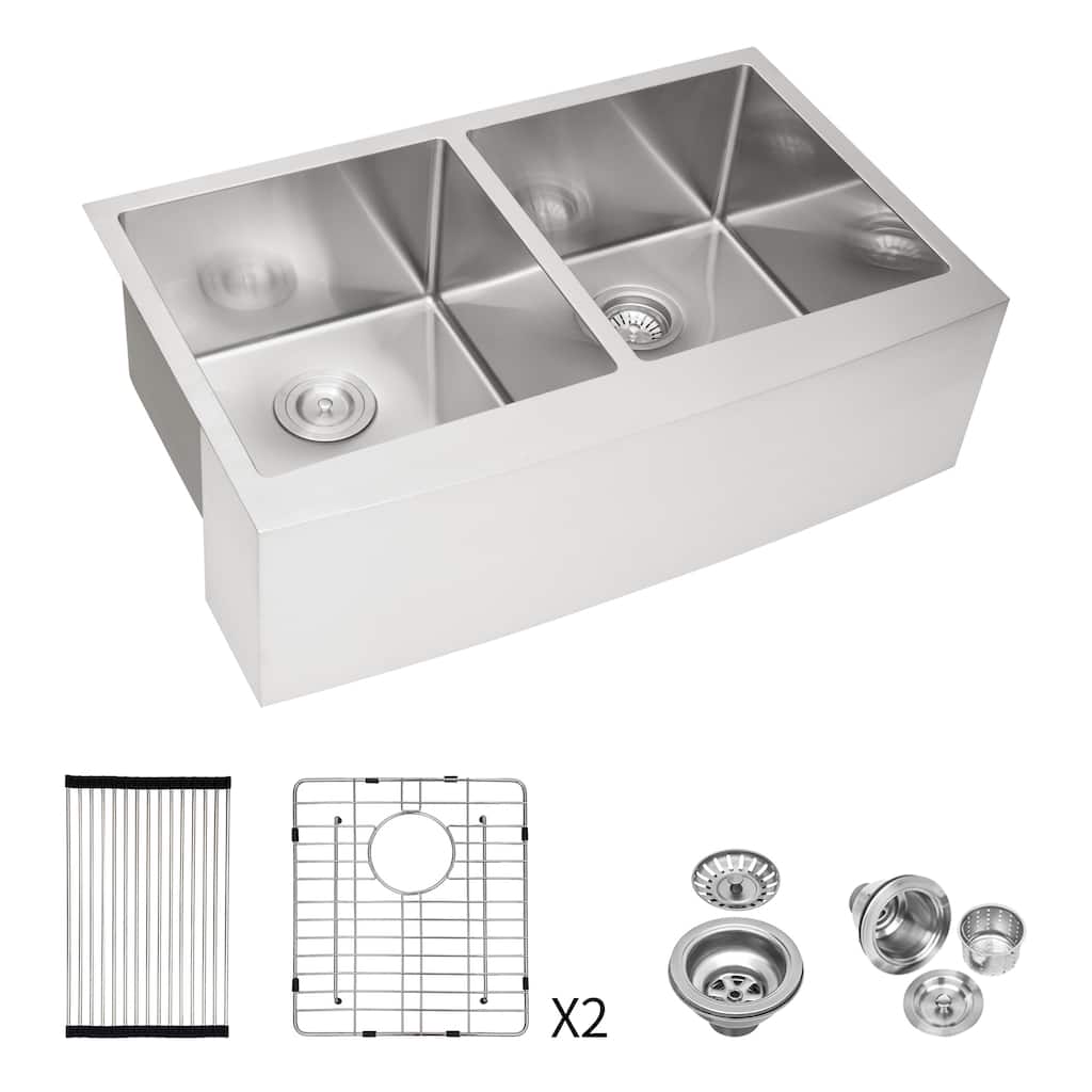 Double Bowl (50/50) Farmhouse Sink - Apron Front Kitchen Sink 16 Gauge with Two 10" Deep Basin