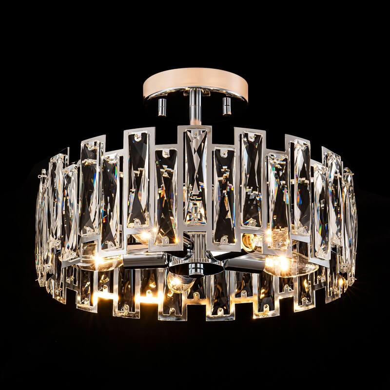 5-Light Mid-Century Modern Glam Cage Drum Crystal Semi-Flush Mount Ceiling Light