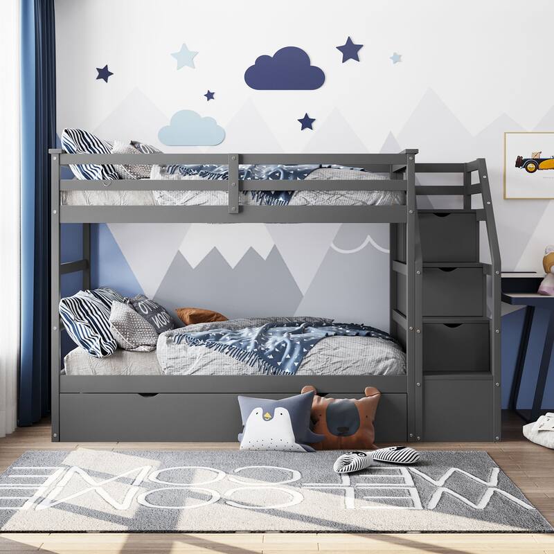 Staircase Bunk Bed with Twin Size Trundle, Solid Wood Bed Frame with 3 Storage Stairs and Safety Guardrail, Twin-Over-Twin Size - Gray - Twin
