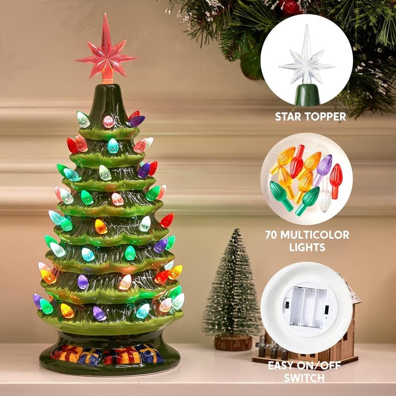 15 in. Tall Green Ceramic Pre-lit Tabletop Christmas Tree with Gift Box - Multicolor