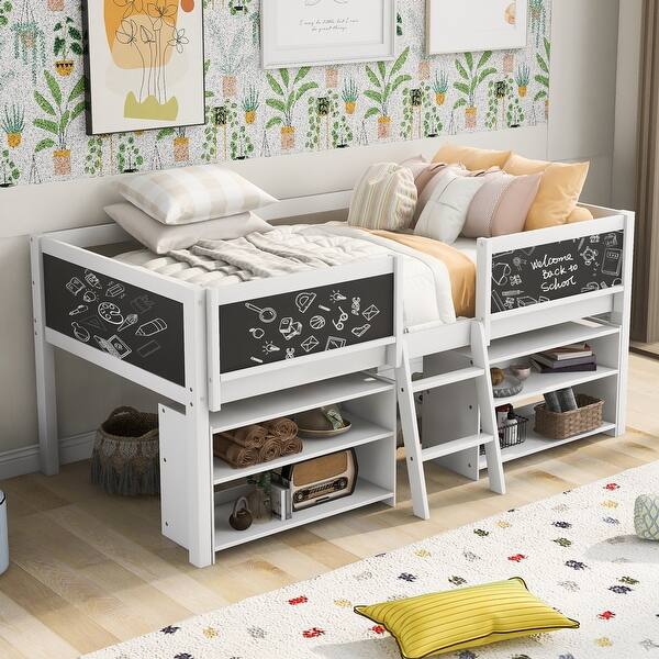 slide 2 of 9, Twin Size Low Loft Bed with Ladder,Decorative Guardrail Chalkboard and Two Movable Shelves White