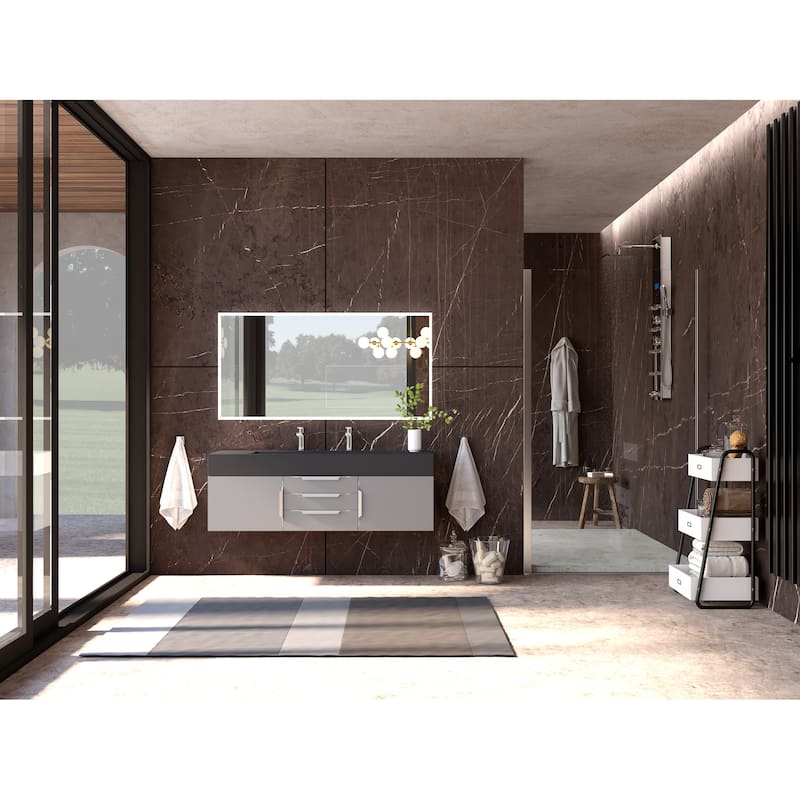 Nile 60" Wall Mounted Bathroom Vanity Set w/ Black Top