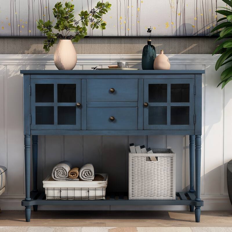 Wood Console Table with Bottom Shelf and Glass Cabinet