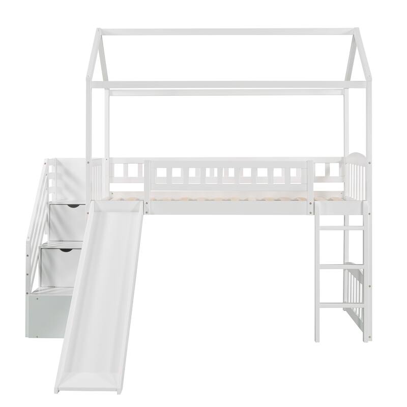 Roomfitters Twin Loft Bed with Slide, Storage Steps and Drawers, House Bed