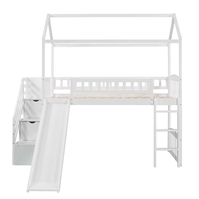 Twin Pine Loft House Bed with Storage Stairs and Slide