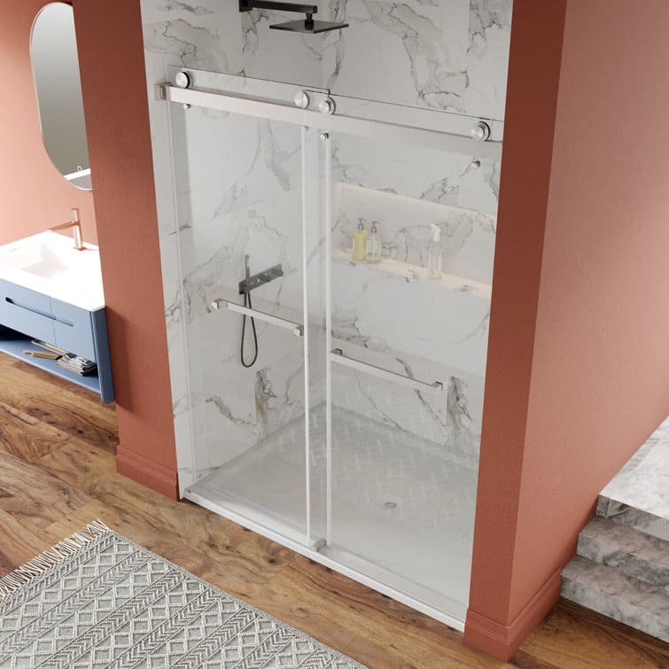 DeerValley 56" - 60" W x 76" H Double Sliding Frameless Shower Enclosure, Stainless Steel Accessories