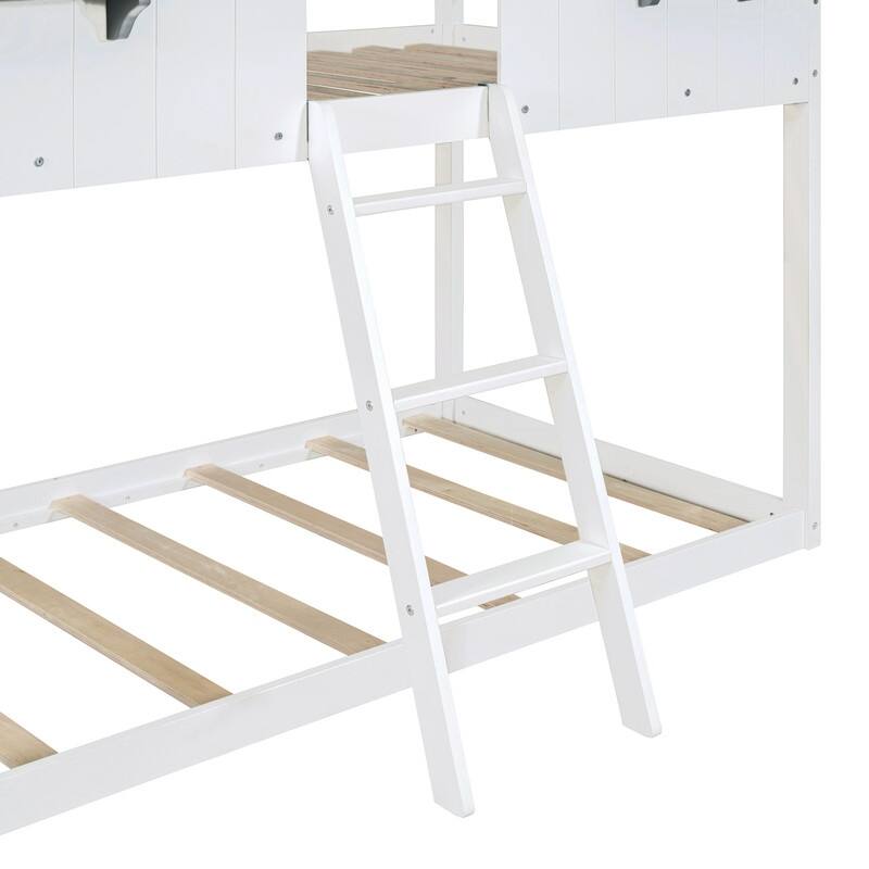 Twin Over Twin Bunk Bed Wood Bed with Roof, Window, Guardrail, Ladder (White)