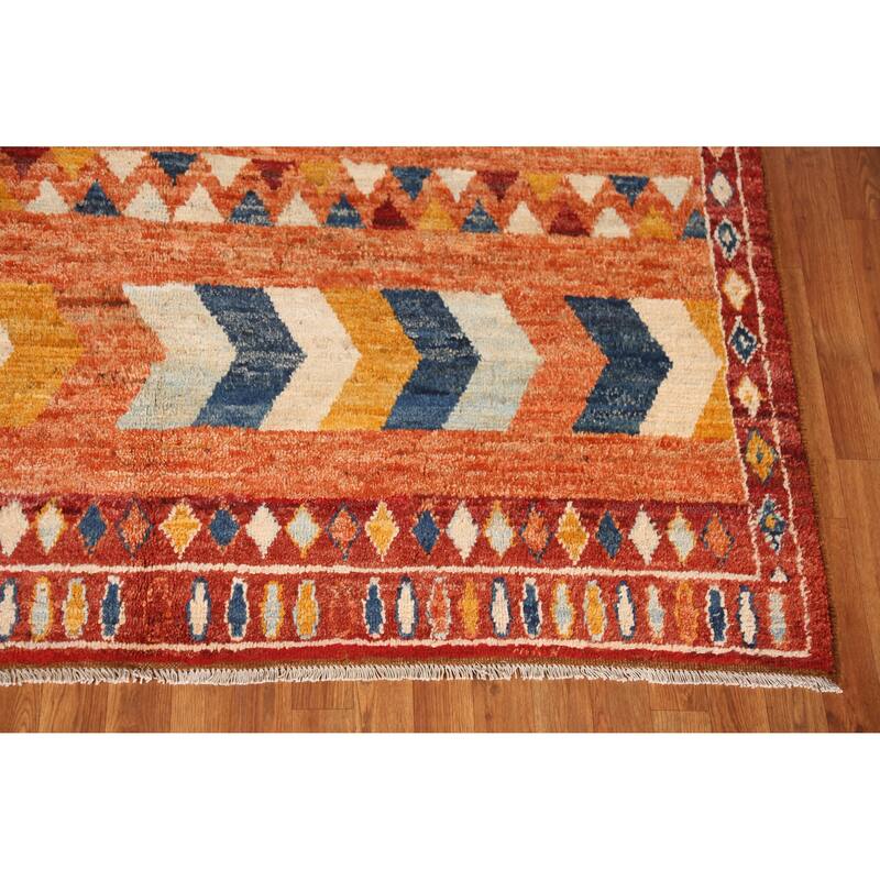 Orange Tribal Geometric Moroccan Rug Hand-Knotted Wool Carpet - 6'7" x 9'6"