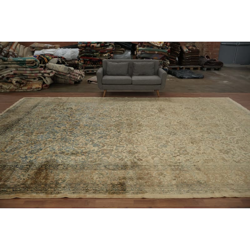 Hand Knotted Oriental 100% Wool Carpet Traditional All-Over Beige & Ivories Kerman Area Rug - 16' 1'' X 11' 2''