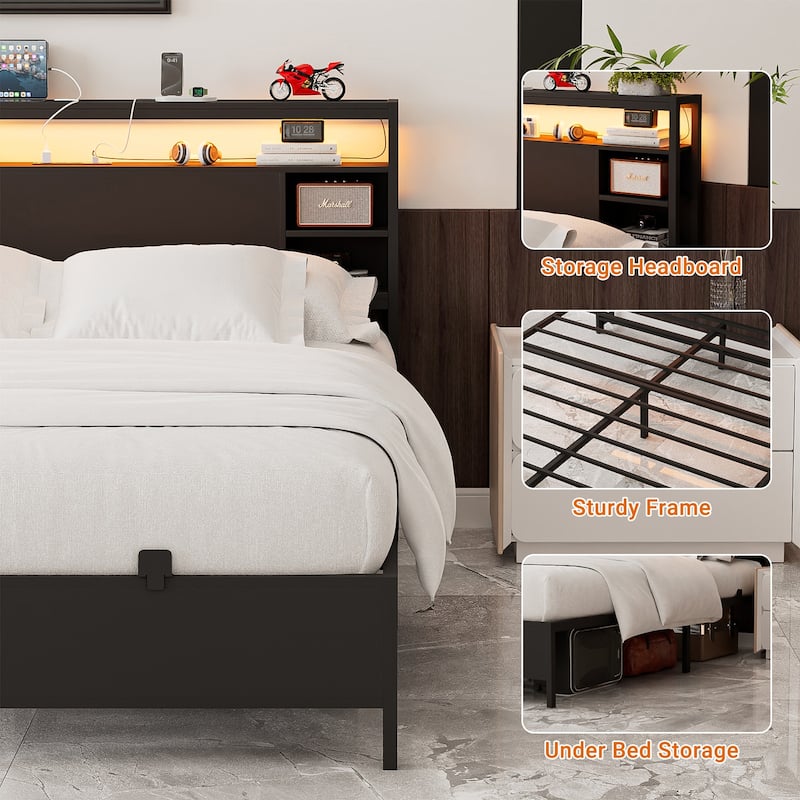Bed Frame with Charging Station and RGB LED Lights, Sturdy Platform Bed with Storage Headboard,